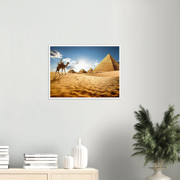 Bedouin on camel near pyramids Poster